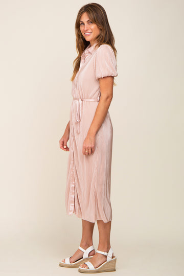 Light Pink Pleated Button-Down Collared Midi Dress