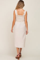 Beige Square Neck Smocked Sleeveless Maternity Midi Dress