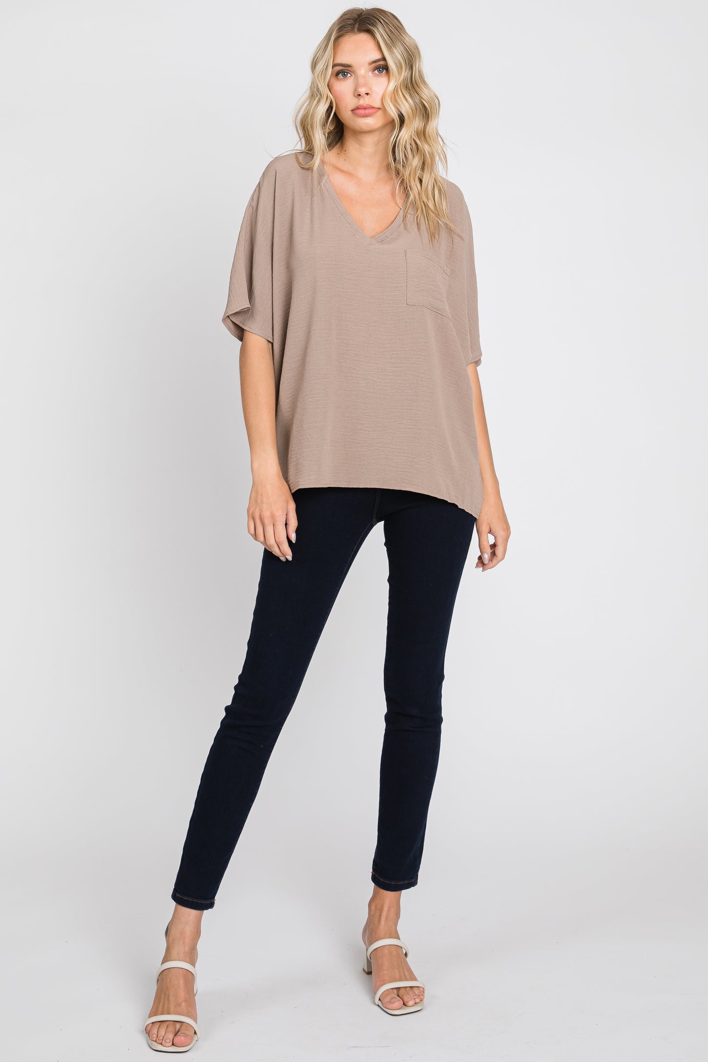 Taupe Oversized V-Neck Pocket Front Blouse