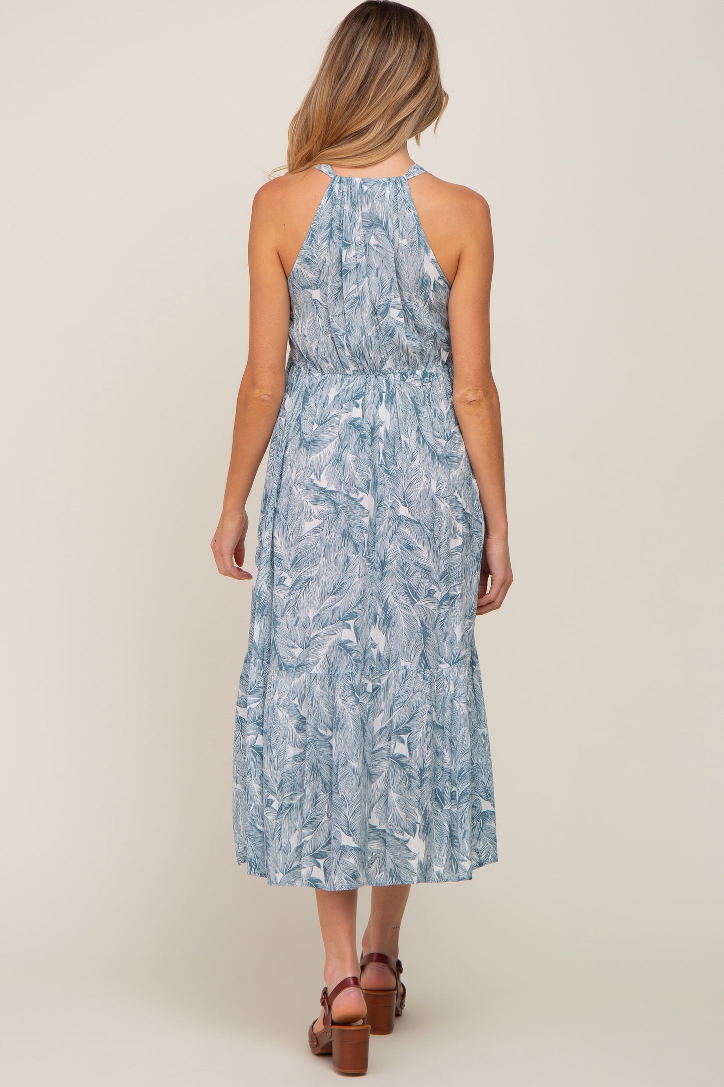 Blue Palm Print Front Cutout Maternity Midi Dress