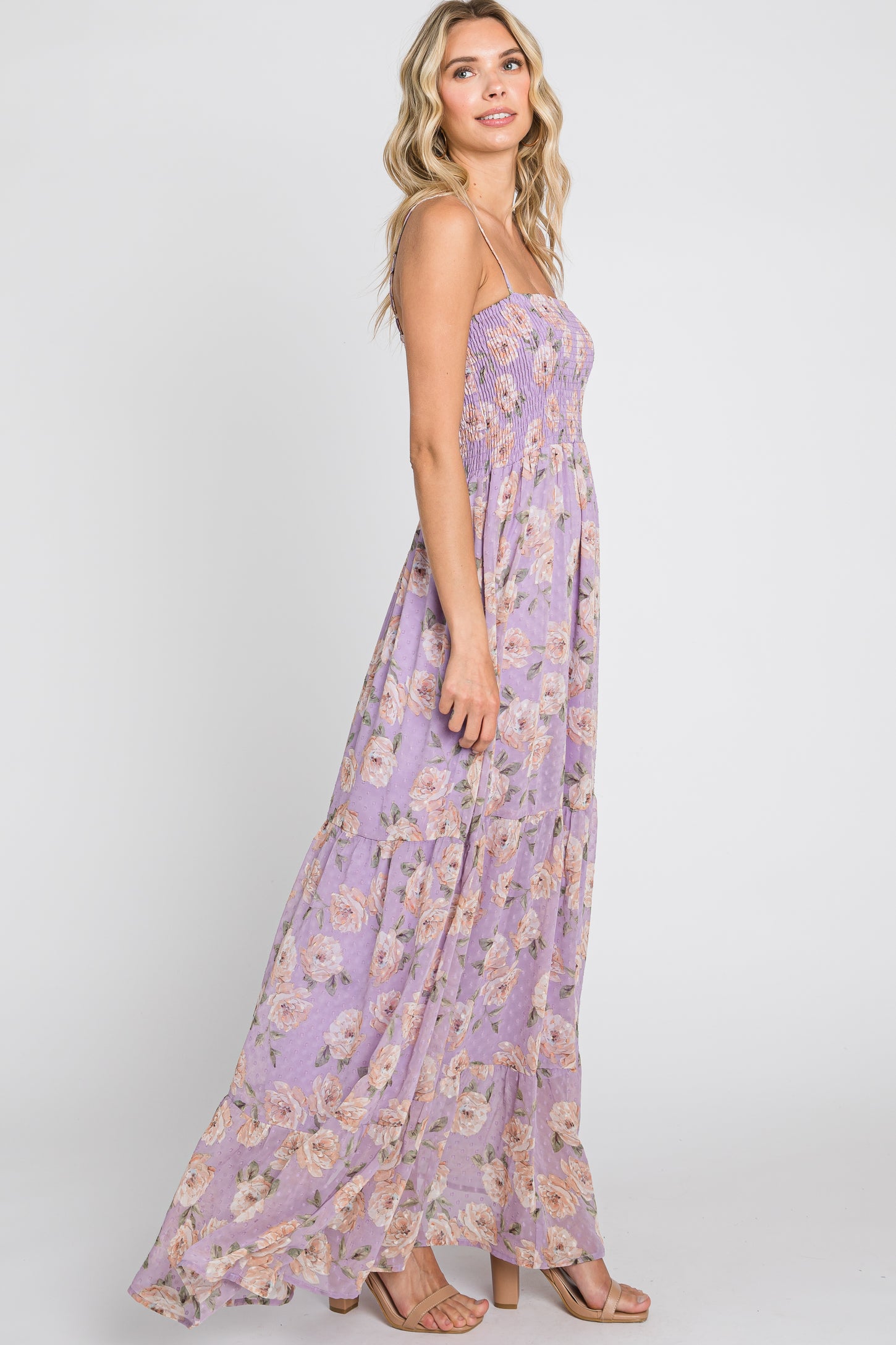 Lavender Floral Swiss Dot Smocked Maxi Dress
