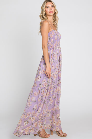 Lavender Floral Swiss Dot Smocked Maxi Dress