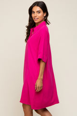 Fuchsia Linen Front Button Collared Dress