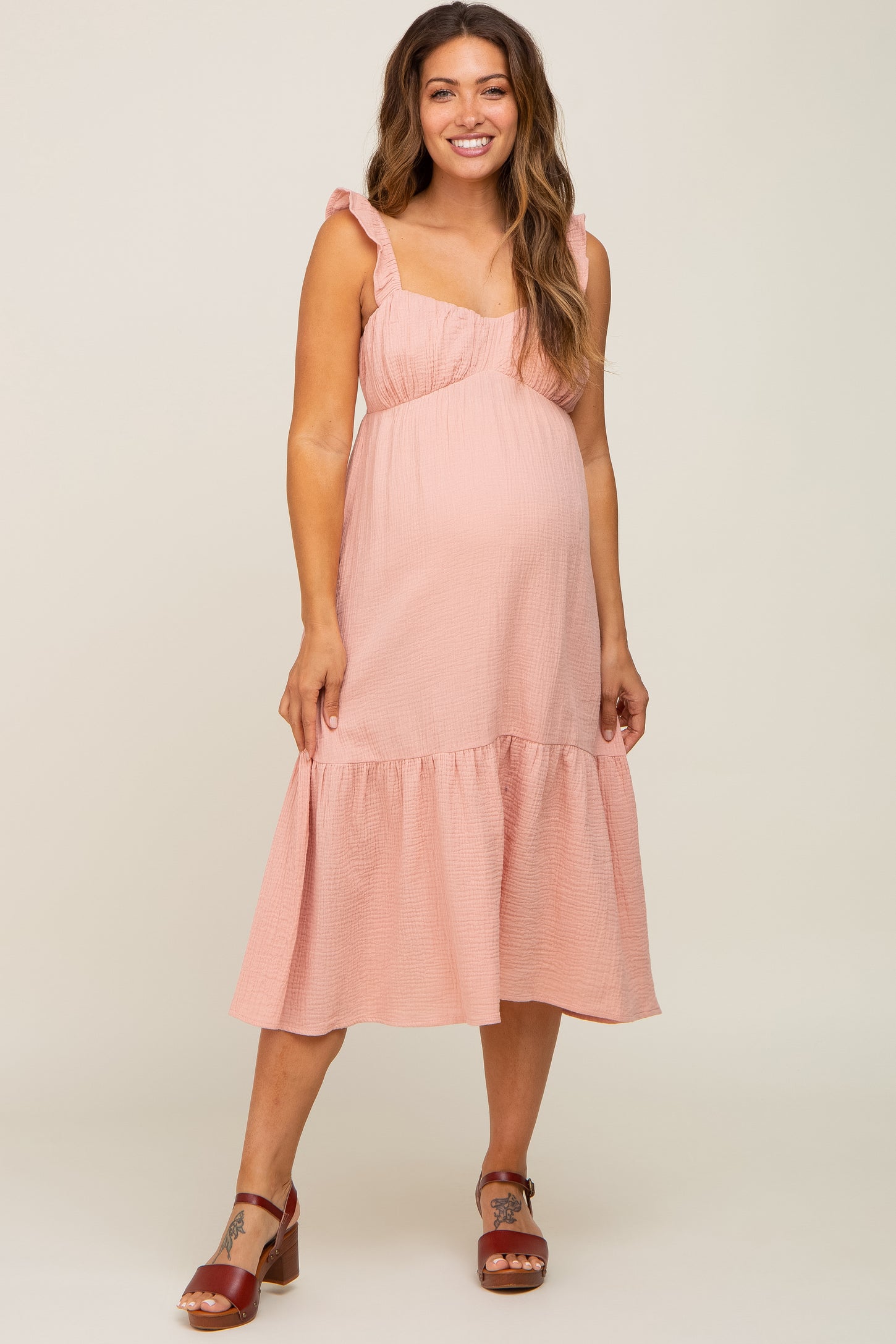 Light Pink Gauze Ruffle Maternity Midi Dress