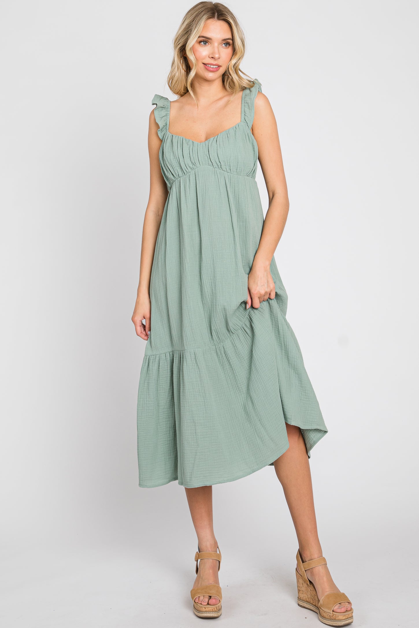 Sage Gauze Ruffle Midi Dress