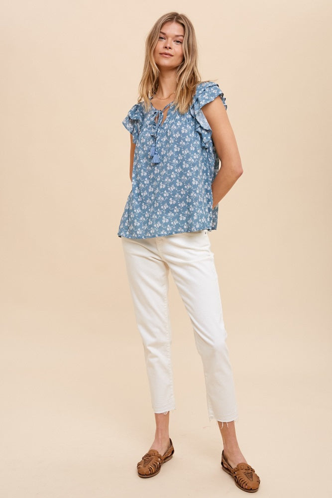 Blue Floral Front Tie Ruffle Shoulder Top