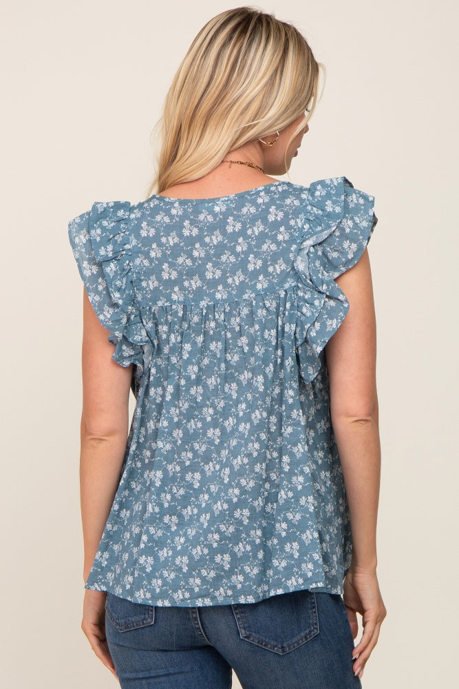 Blue Floral Front Tie Ruffle Shoulder Top