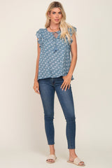 Blue Floral Front Tie Ruffle Shoulder Top