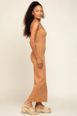 Camel Ribbed Basic Midi Dress
