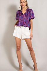 Royal Blue Printed Front Tie Puff Sleeve Maternity Blouse