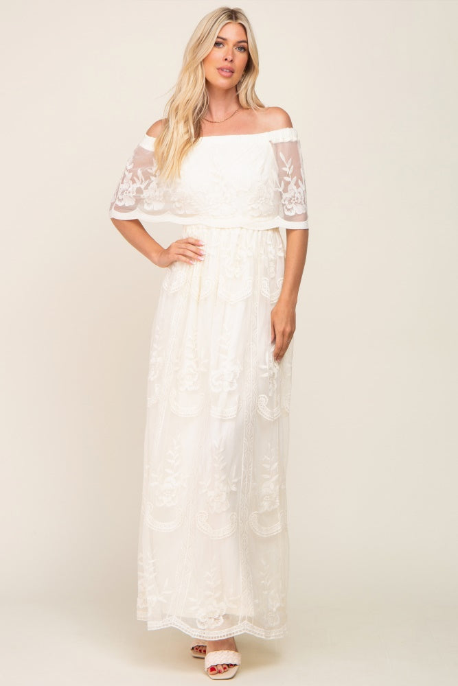 Cream Lace Mesh Overlay Off Shoulder Maxi Dress