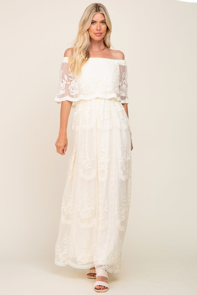Cream Lace Mesh Overlay Off Shoulder Maxi Dress