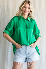 Green Satin Button Up Maternity Top