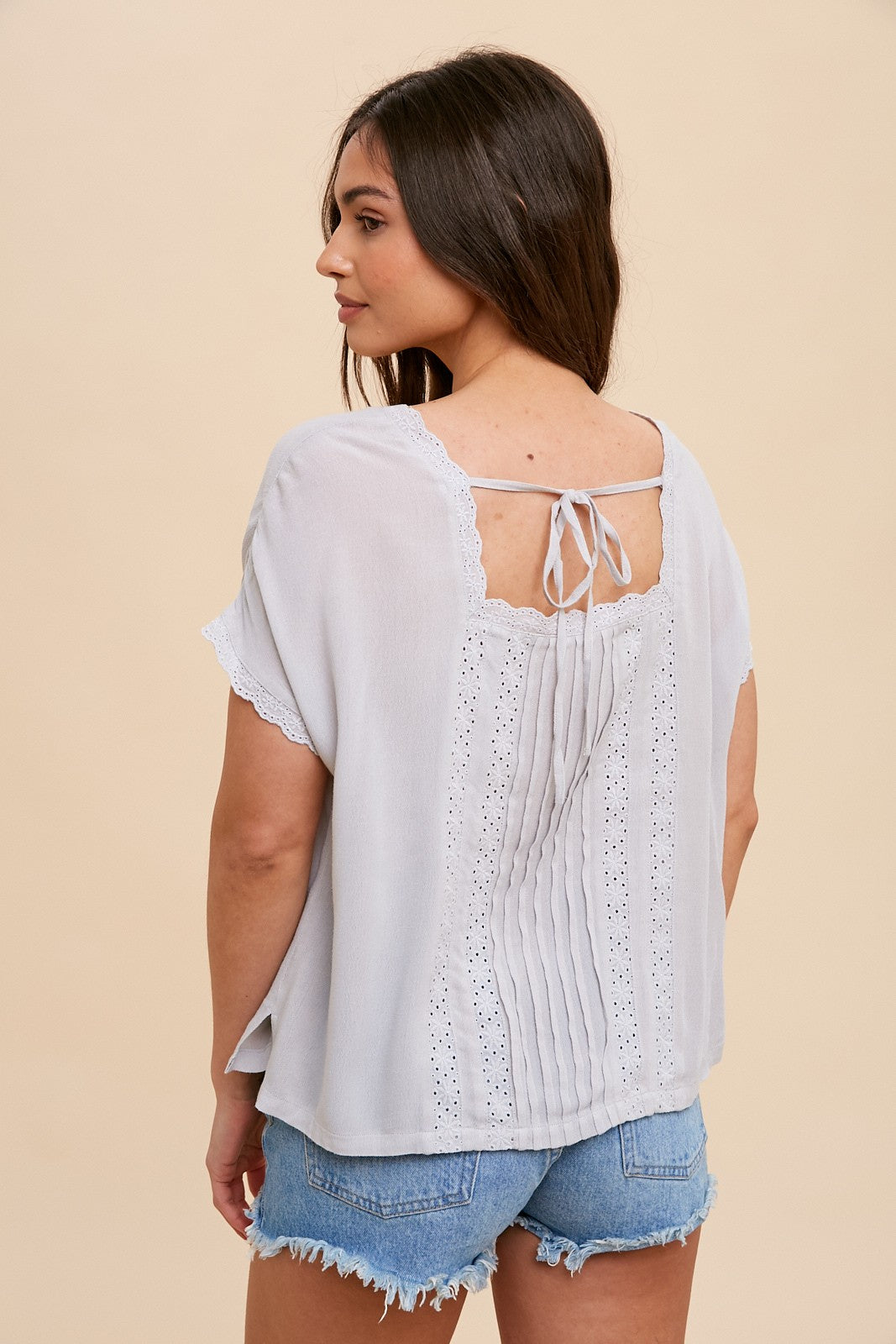 Grey Lace Inset Square Neck Button Top