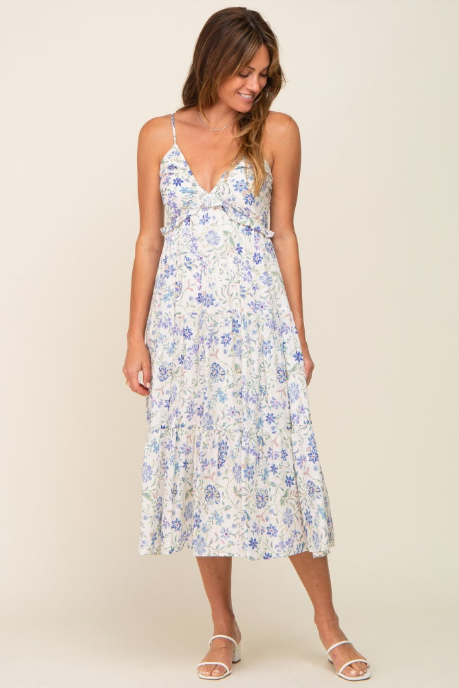 Blue Floral Tiered Maternity Midi Dress