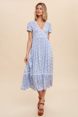 Dusty Blue Floral Print V Neck Maxi Dress