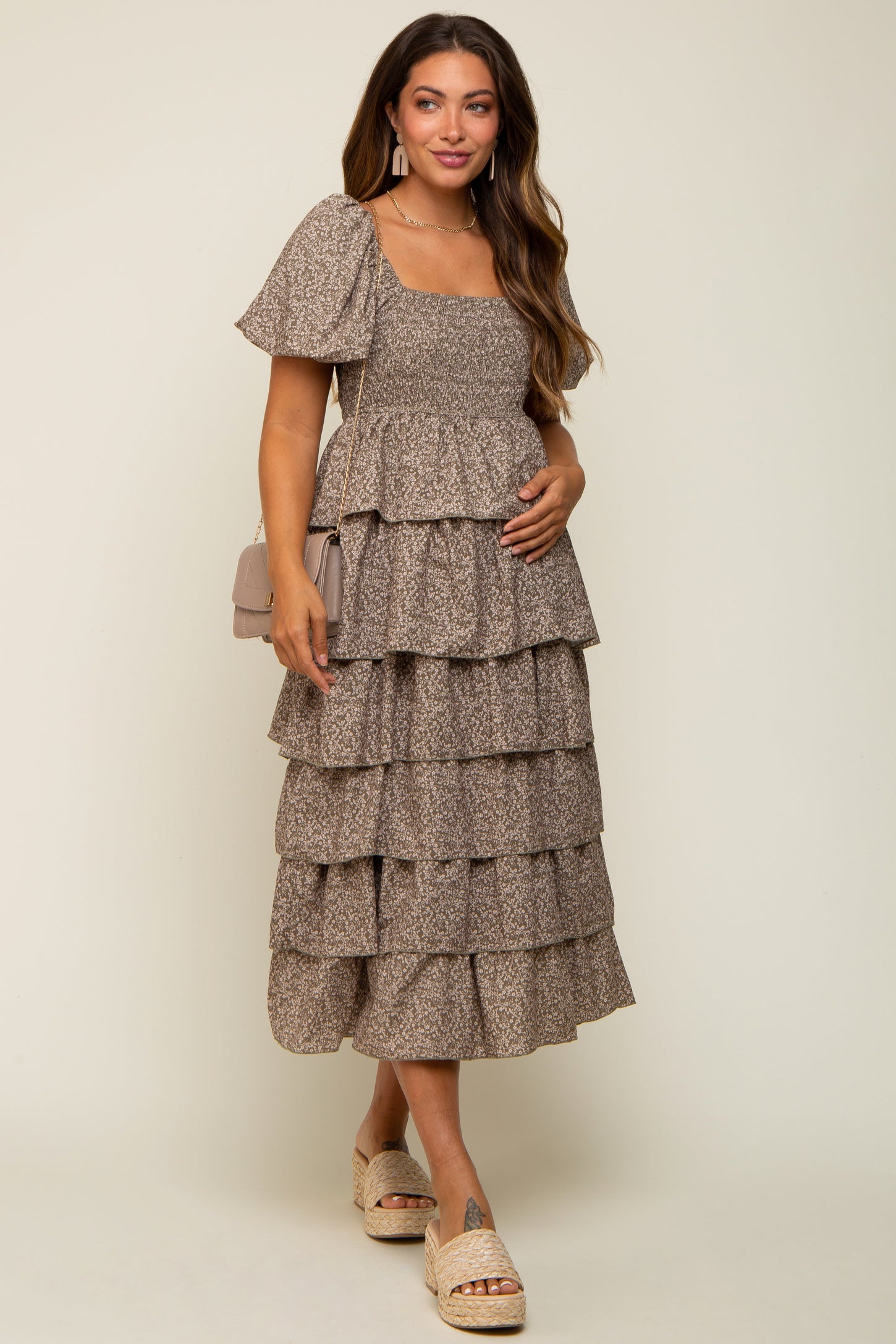 Olive Floral Flounce Tiered Maternity Midi Dress