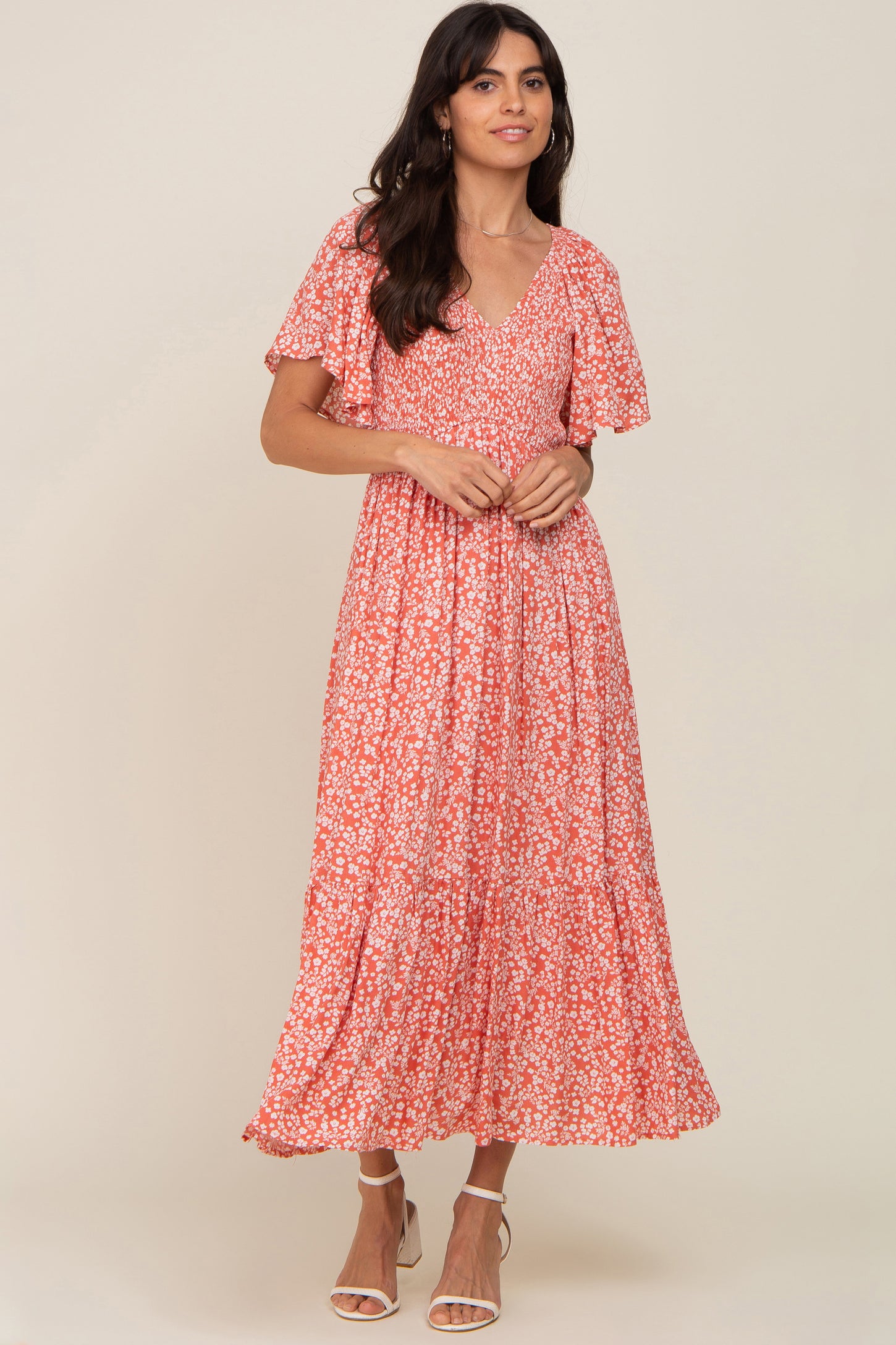 Coral Floral Smocked V-Neck Flutter Short Sleeve Maternity Midi Dress