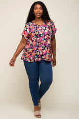 Black Floral V-Neck Short Sleeve Plus Top