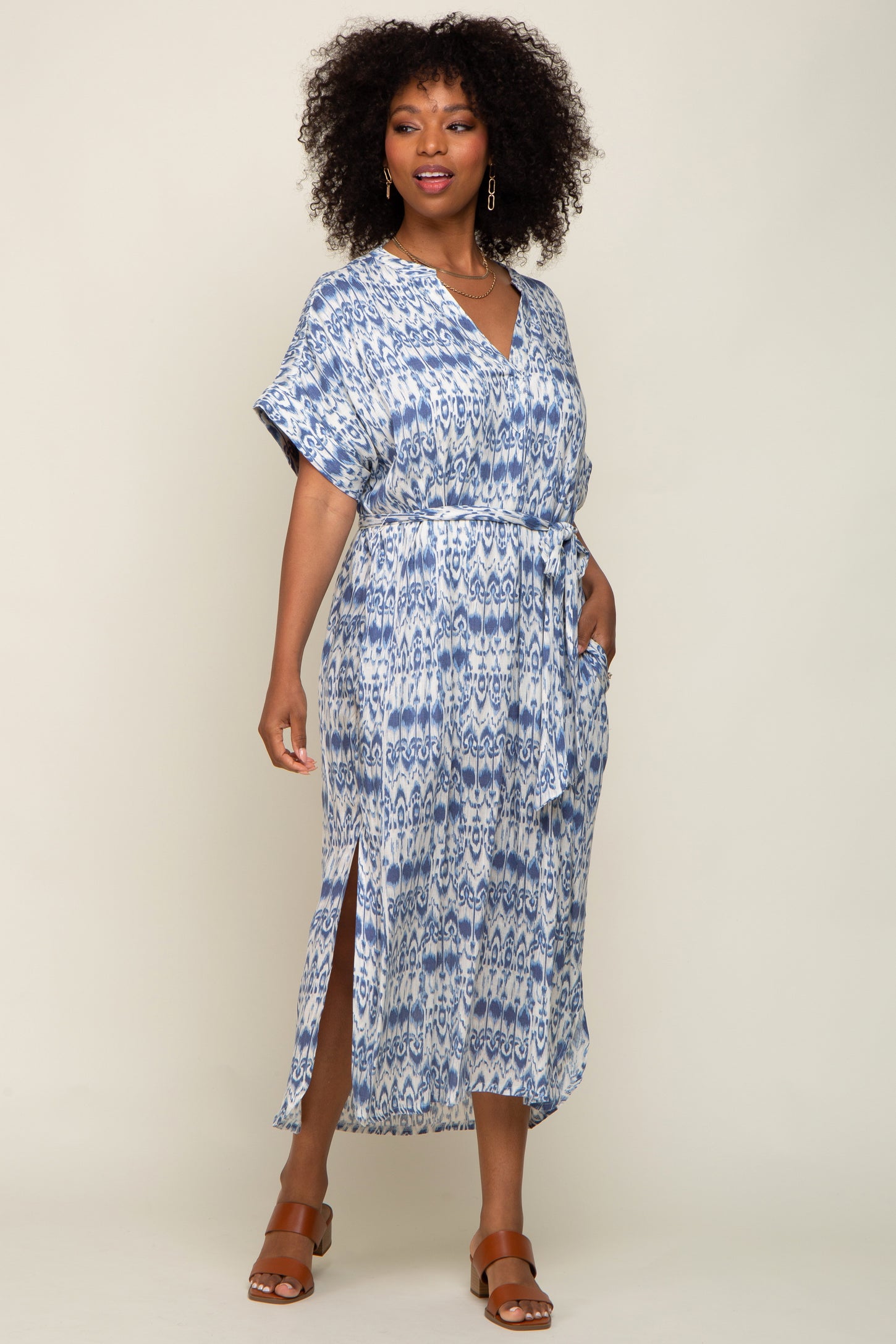 Blue Printed Waist Tie Midi Dress