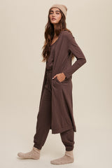 Mocha Cotton Jumpsuit And Long Cardigan Knit Set
