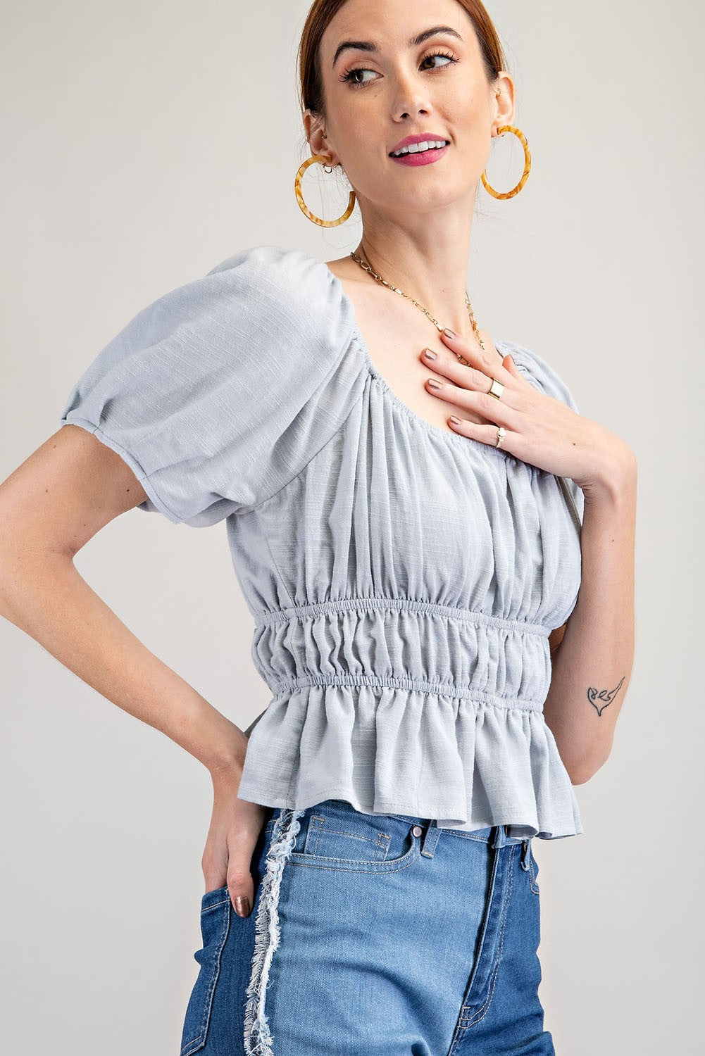 Blue Textured Poly Linen Peplum Top