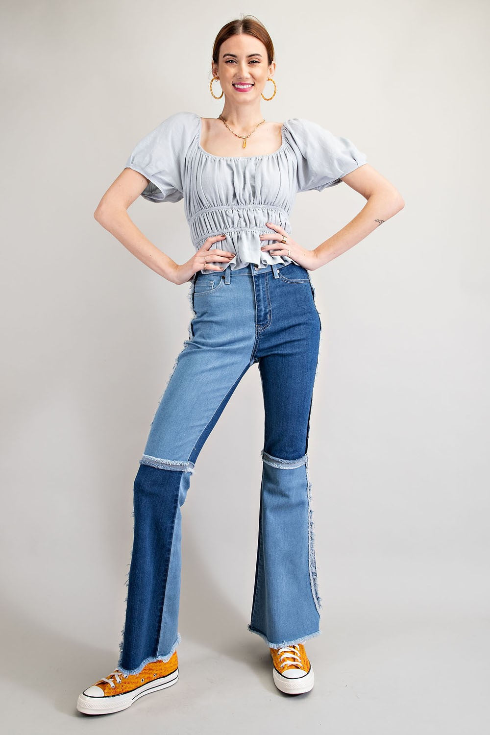 Blue Textured Poly Linen Peplum Top