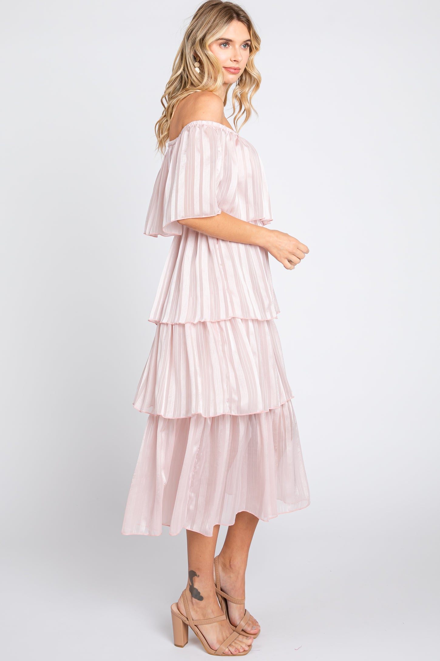 Light Pink Striped Layered Midi Dress