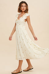 Cream All Over Floral Embroidered V Neck Midi Dress