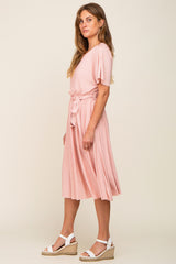 Pink Crinkle Knit Tie Waist Short Sleeve Dress