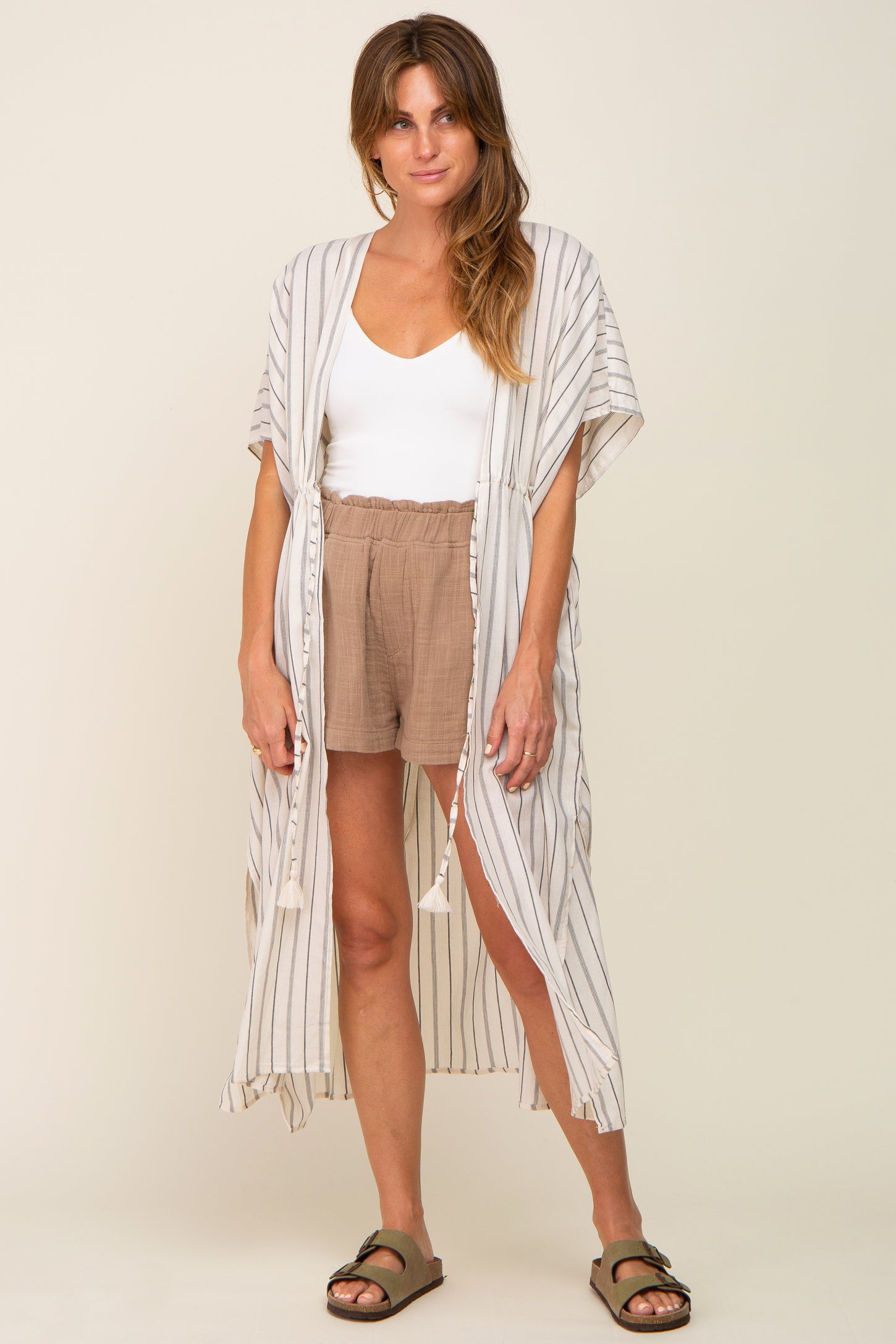 Ivory Striped Side Slit Tassel Tie Cover-Up