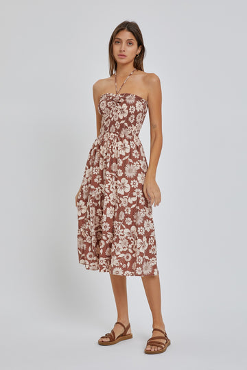 Mocha Print Smocked Halter Sundress
