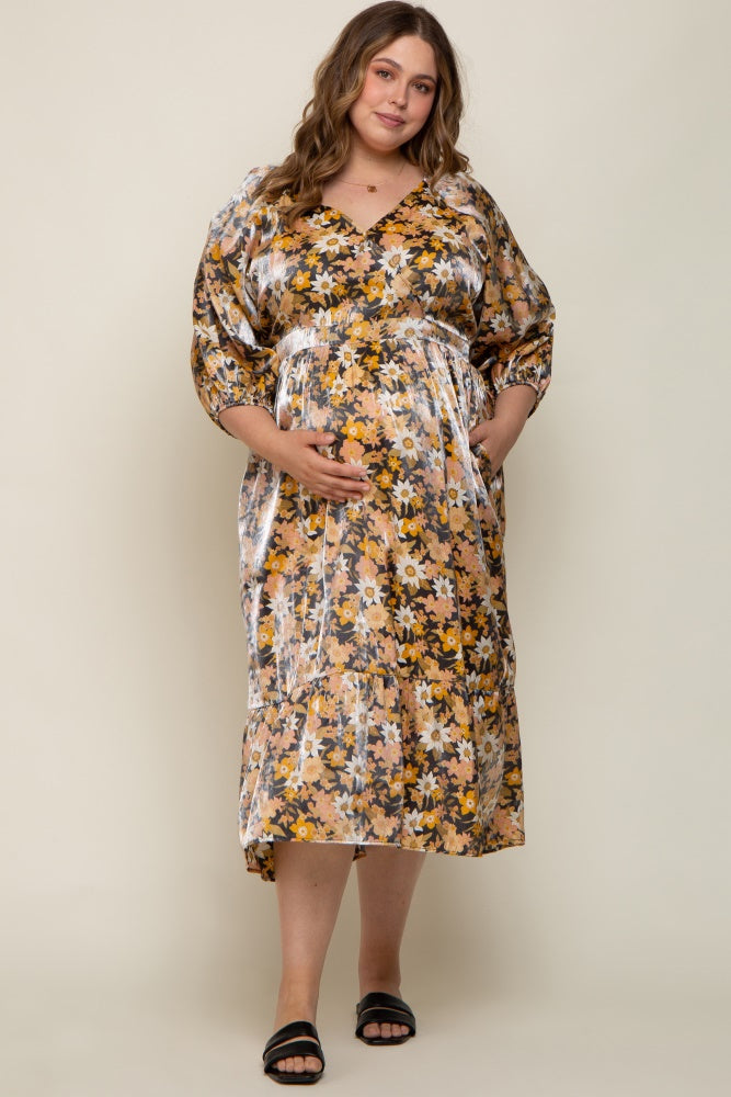 Black Floral Shimmer Satin Wrap Front V-Neck Maternity Plus Midi Dress