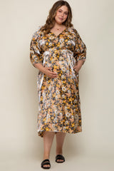 Black Floral Shimmer Satin Wrap Front V-Neck Maternity Plus Midi Dress