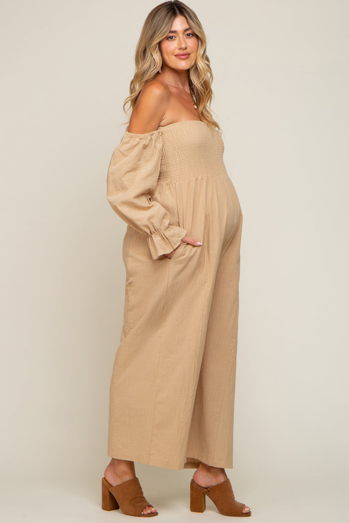 Beige Linen Smocked Off Shoulder Wide Leg Maternity Jumpsuit