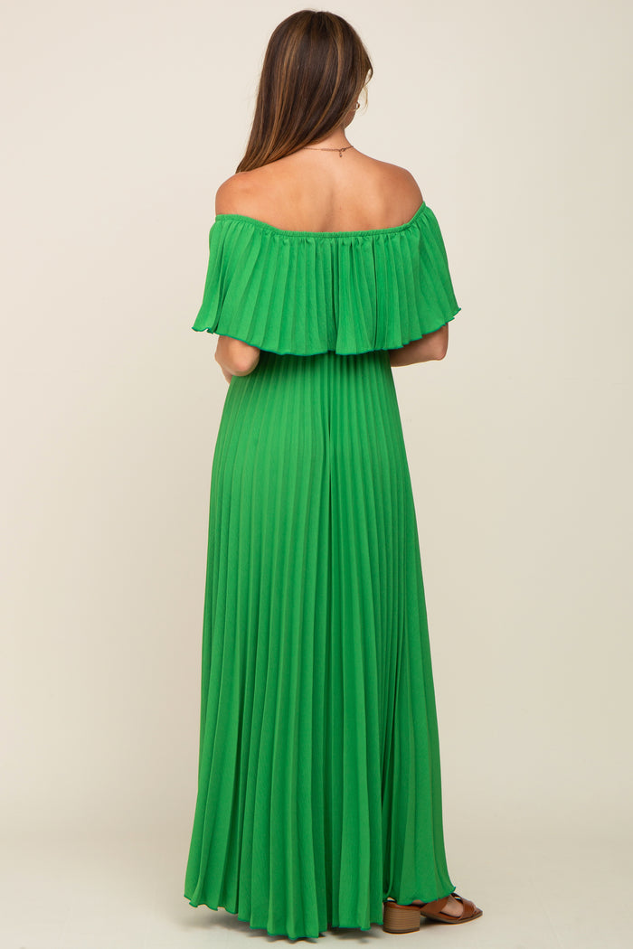 Green Pleated Off Shoulder Maxi Dress