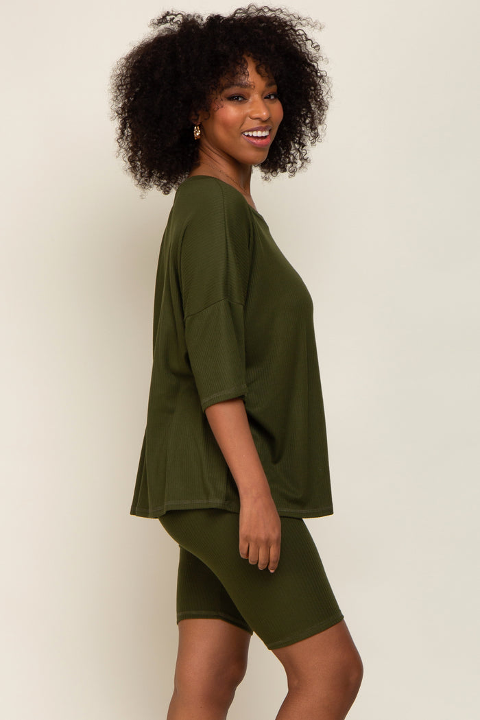 Olive Ribbed Biker Short Sleep Set