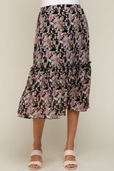 Black Floral Plisse Ruffle Accent Maternity Midi Skirt