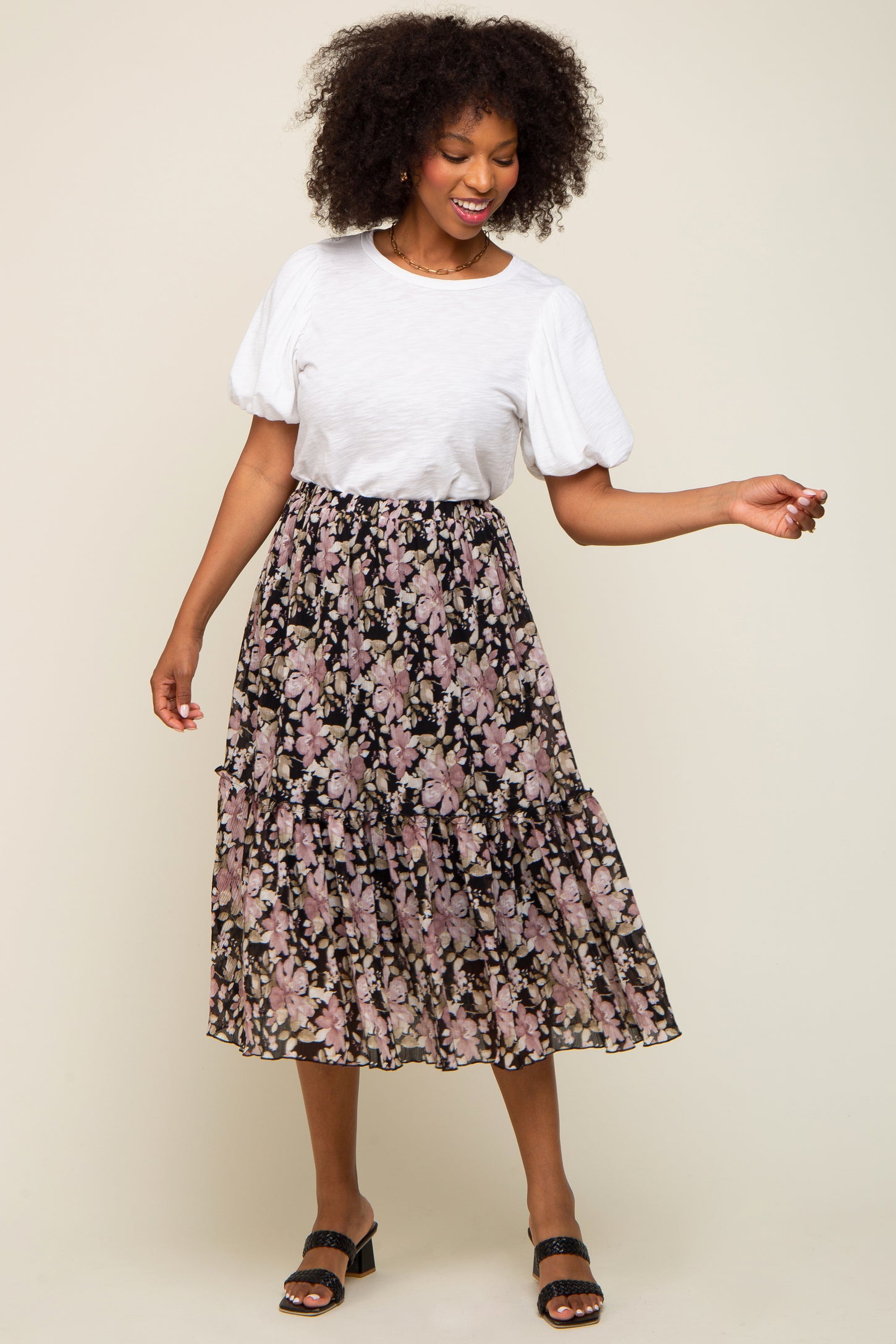 Black Floral Plisse Ruffle Accent Maternity Midi Skirt