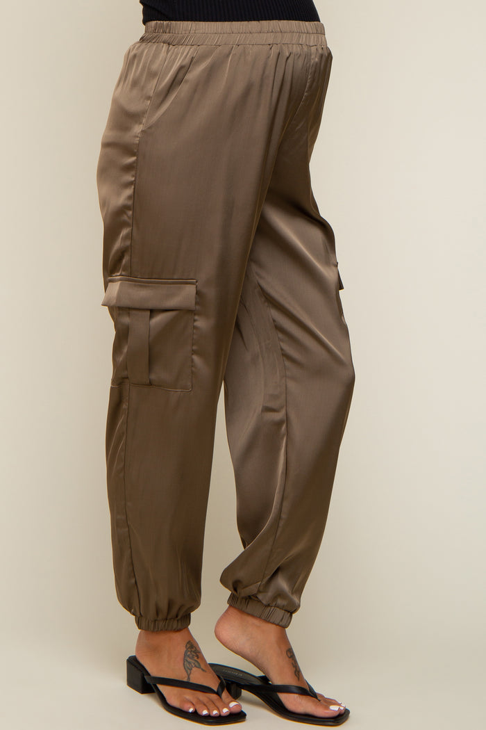 Olive Satin Cargo Maternity Jogger Pants