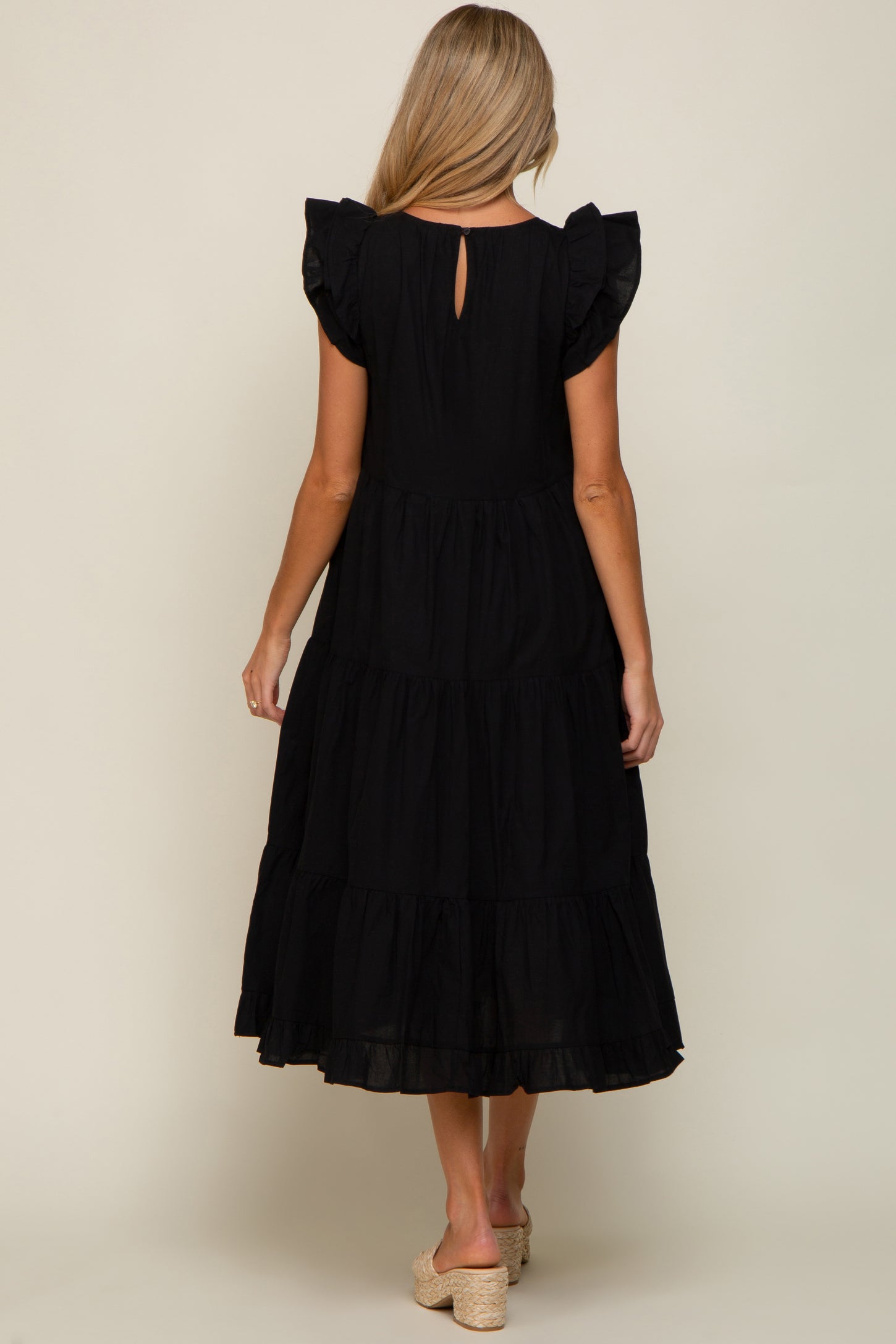 Black Ruffle Shoulder Tiered Maternity Midi Dress