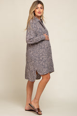 Grey Floral Button Up Long Sleeve Maternity Dress