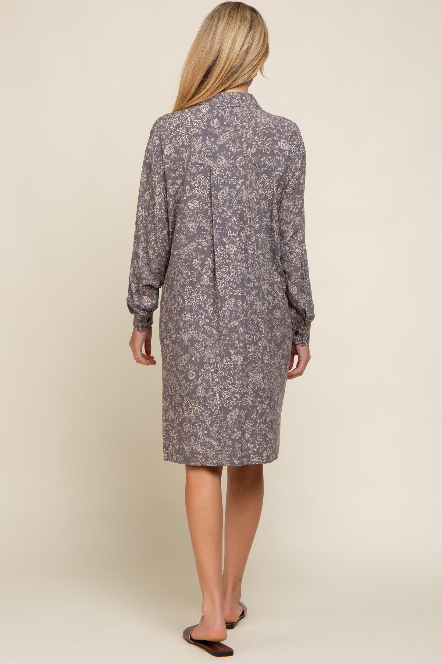 Grey Floral Button Up Long Sleeve Maternity Dress