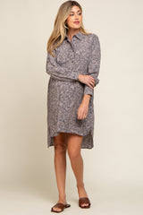Grey Floral Button Up Long Sleeve Maternity Dress