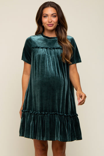 Dark Jade Ruffle Accent Velvet Maternity Dress