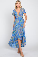 Blue Leaf Print Wrap Maternity Maxi Dress