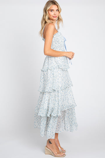 Light Blue Floral Sleeveless Tiered Maxi Dress