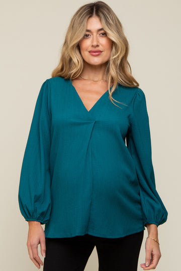 Teal Textured Long Sleeve Maternity Blouse