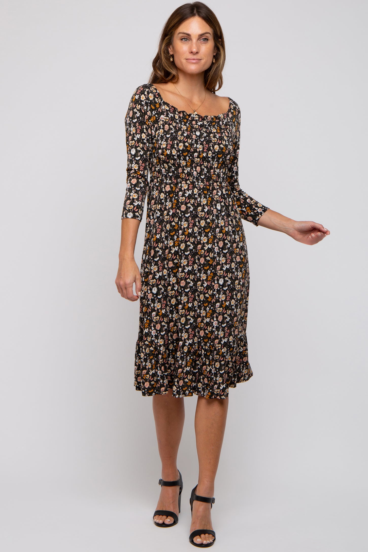 Black Floral Smocked 3/4 Sleeve Dress
