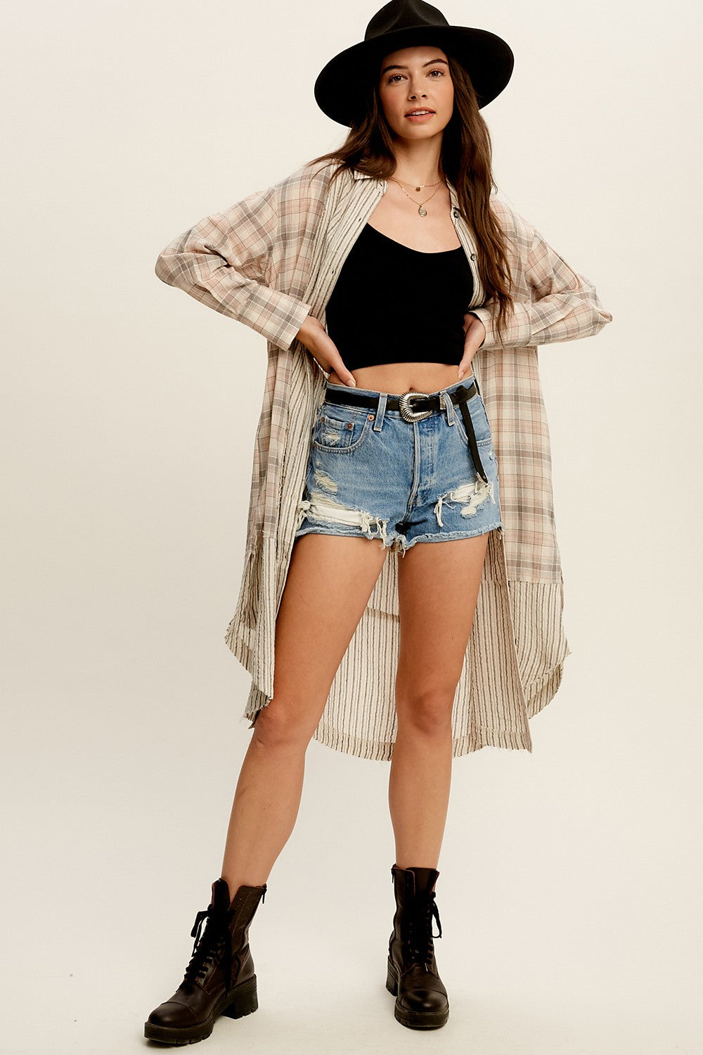Grey Plaid Contrasting Long Shirt